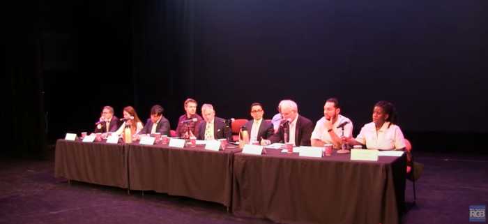 Members of the New York City Rent Guidelines Board vote on proposed rent increases for rent-stabilized apartments during a public meeting at LaGuardia Performing Arts Center on April 30