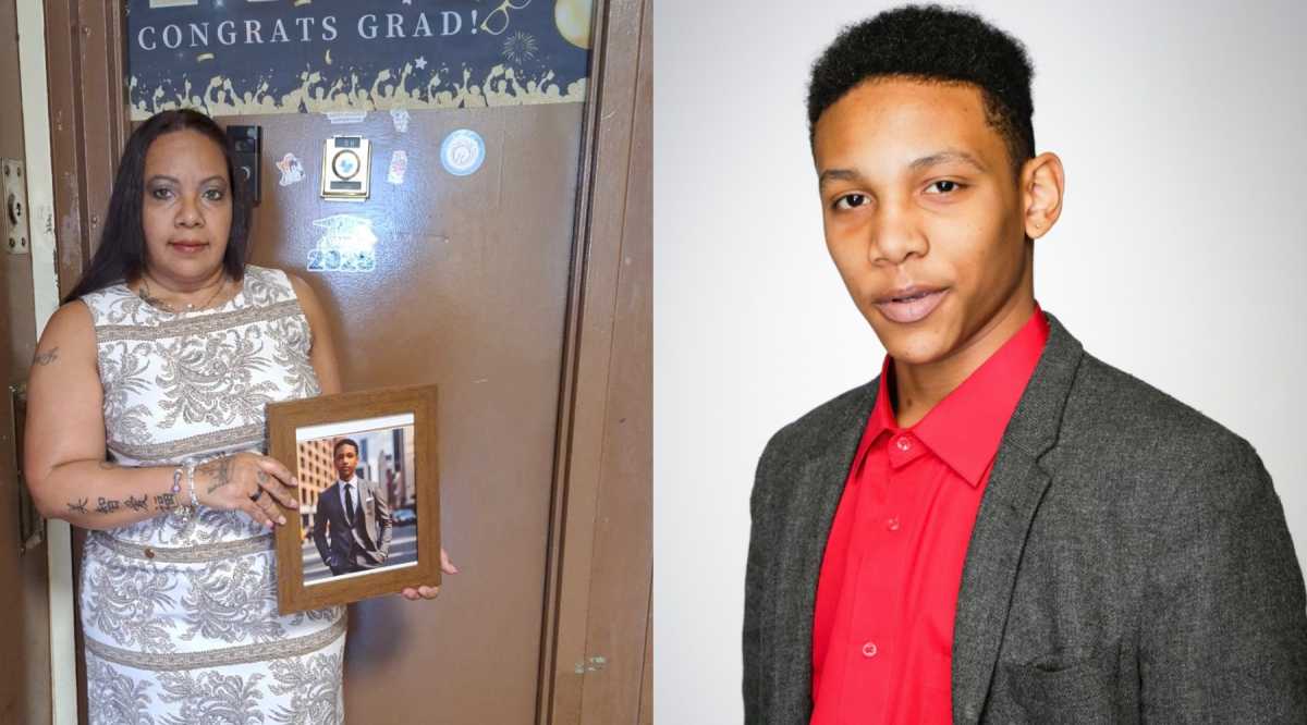 Norma Nazario pictured before attending her late son’s high school graduation ceremony, where she accepted his diploma in his honor. (Right) The most recent portrait of Zackery, who died in 2023 while subway surfing at the age of 15.